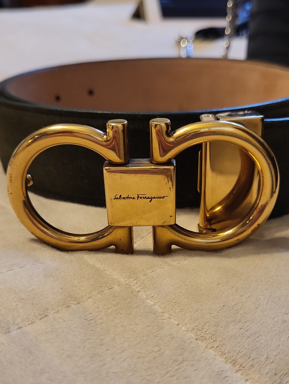 Salvatore Ferragamo Green Leather Belt with Gold Double Gancini Buckle